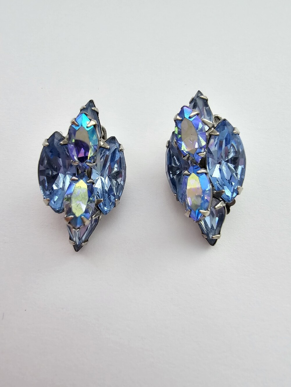 Vintage Weiss Blue & Aurora Borealis Rhinestone Clip-On Earrings Mid-Century